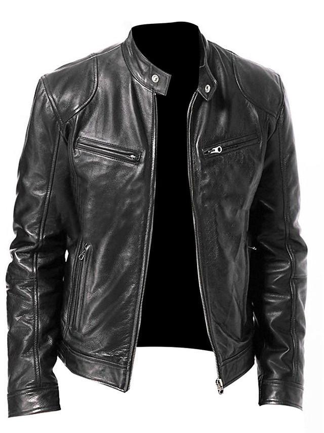 Men's Stand Collar Faux Leather Jacket Regular Solid Colored Daily Basic Spring Long Sleeve Black / Brown US32 / UK32 / EU40 / US34 / UK34 / EU42 / US36 / UK36 / EU44