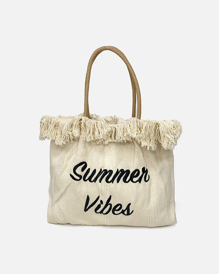 Fringed Woven Embroidered Beach Bag