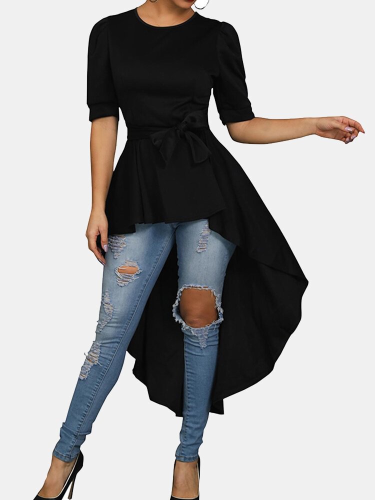 Tie Waist Solid Color Irregular Short Sleeve Blouse For Women P1640518