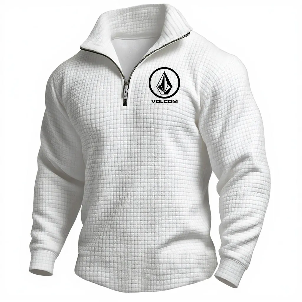 Men's Vintage Surfing Diamond Print Quilted Plaid Waffle Quarter Zip Stand Collar Sweatshirt