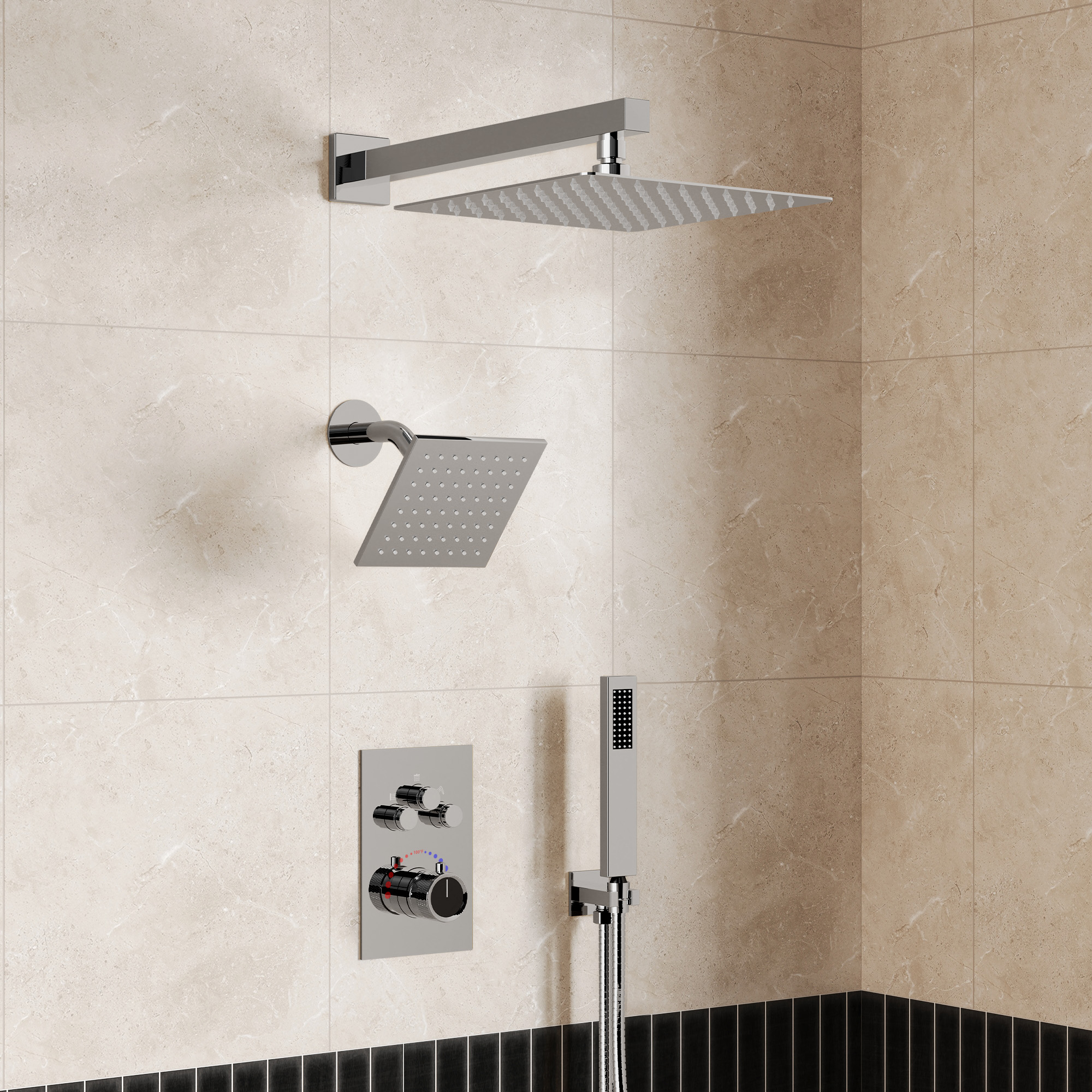 Multiple Press 12 in. Triple Handle 7-Spray Shower Faucet 2.5 GPM with Anti Scald in. Matte Black Valve Included