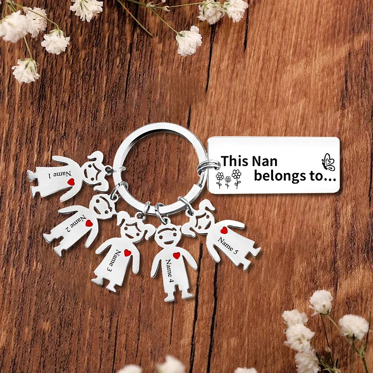 5 Names - Personalized Keychain with Kid Charms Engraved Names Keychain Mother's Day Gift for Mum/Nan