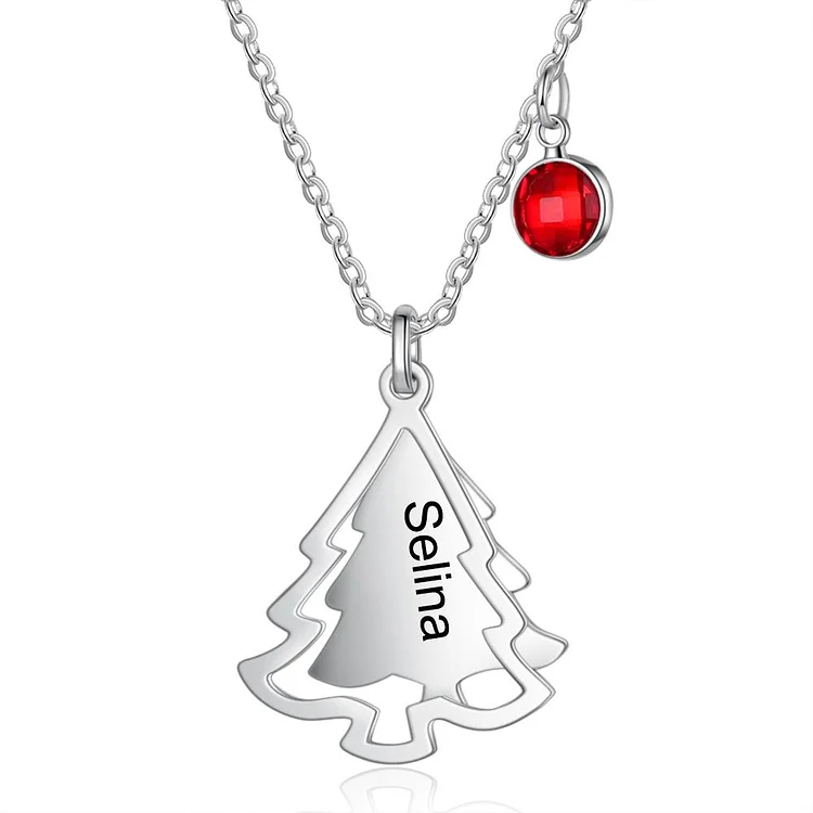 Christmas Tree Custom Necklace with 1 Name and Birthstone