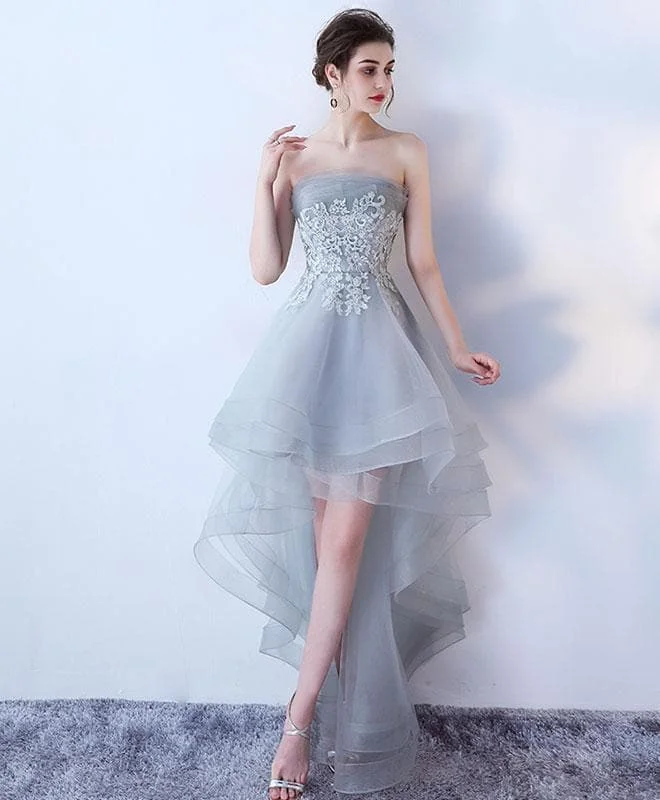 Gray Tulle Lace High Low Prom Dress, Cute Homecoming Dress