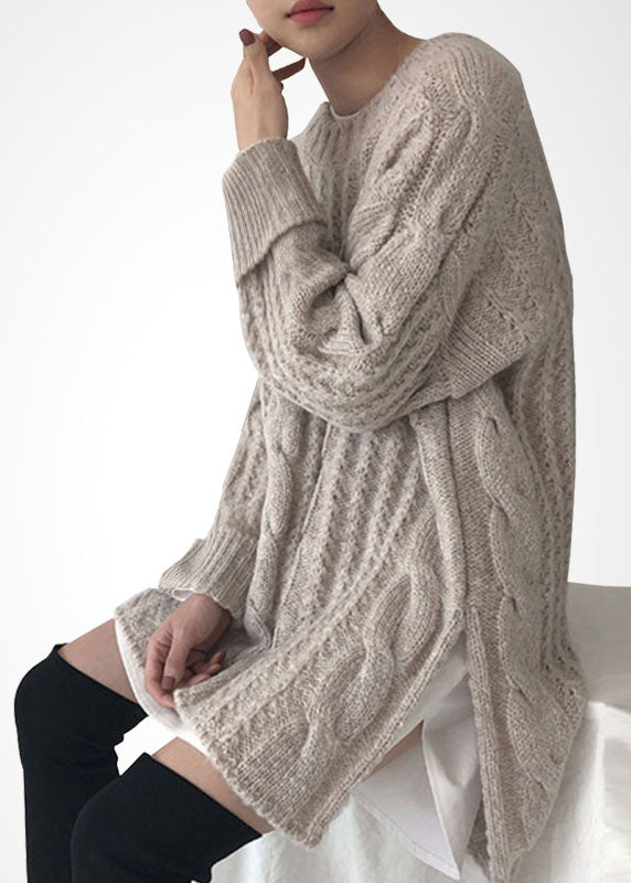 Handmade Coffee O-Neck Asymmetrical Cotton Knit Long Sweaters Winter WV024