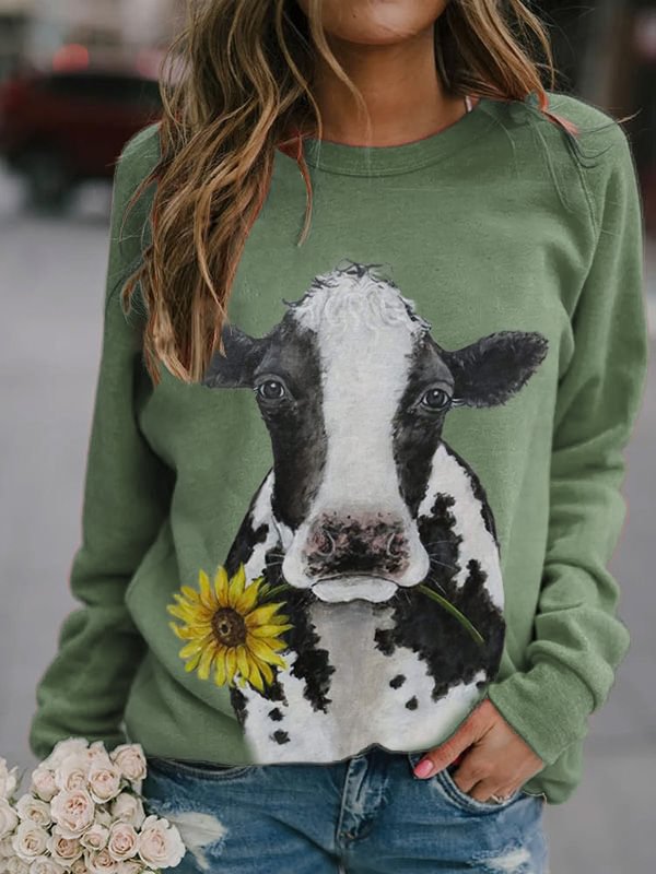 Milk Cow With Sunflower Print Sweatshirt