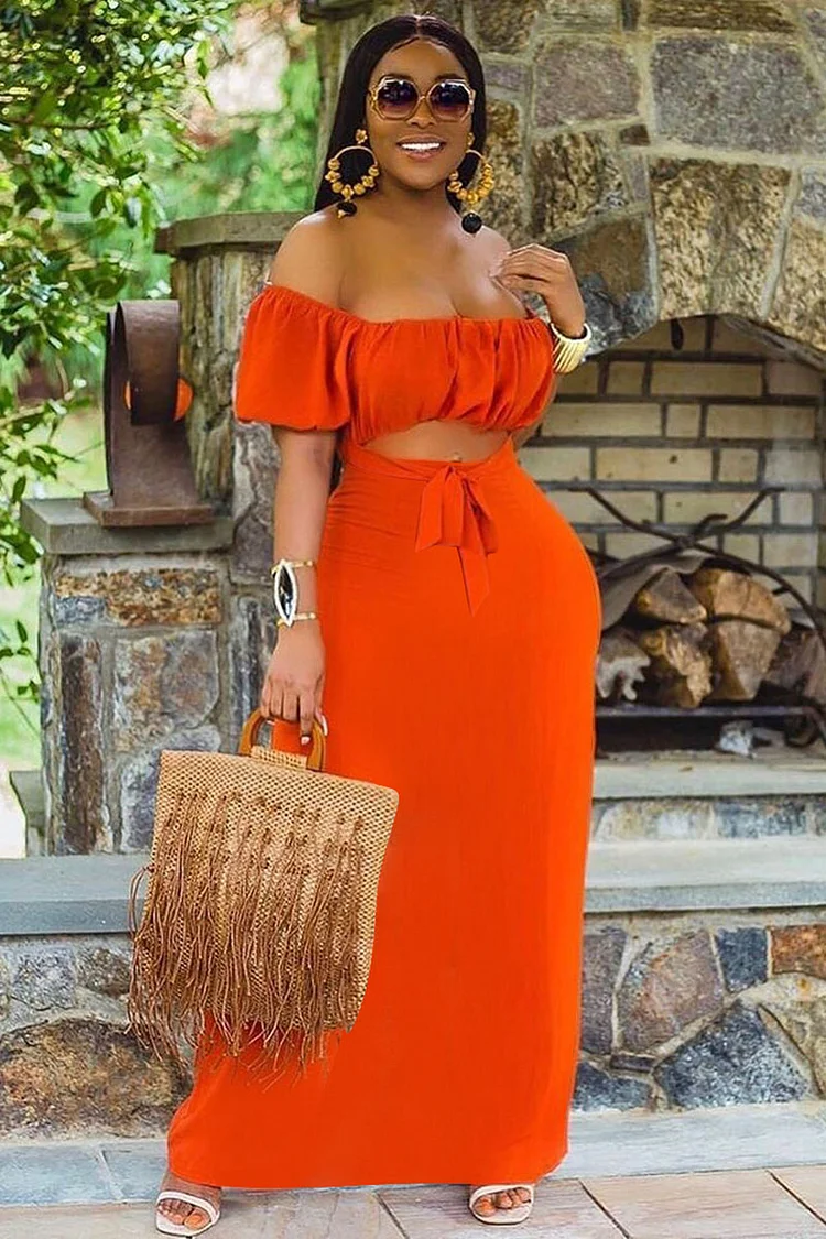 Cut Out Off Shoulder Puff Sleeve Slim Fit Vacation Maxi Dresses