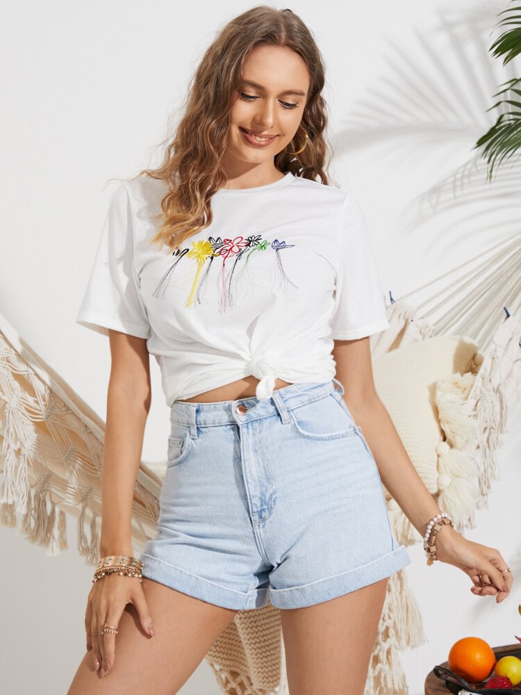 Embroidered Flowers O neck Casual T shirt for Women P1841538