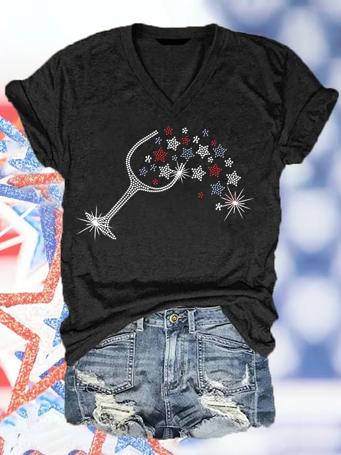 Independence Day Wine Glass Of Stars Print Women's T-shirt