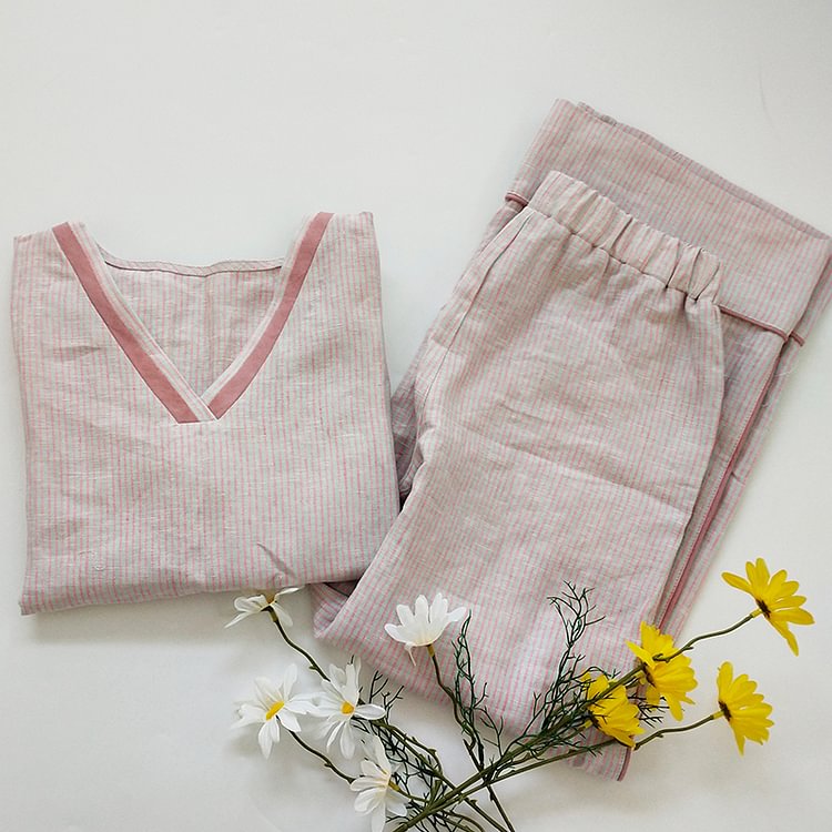 Striped V-neck Linen Pajamas For Women-ChouChouHome