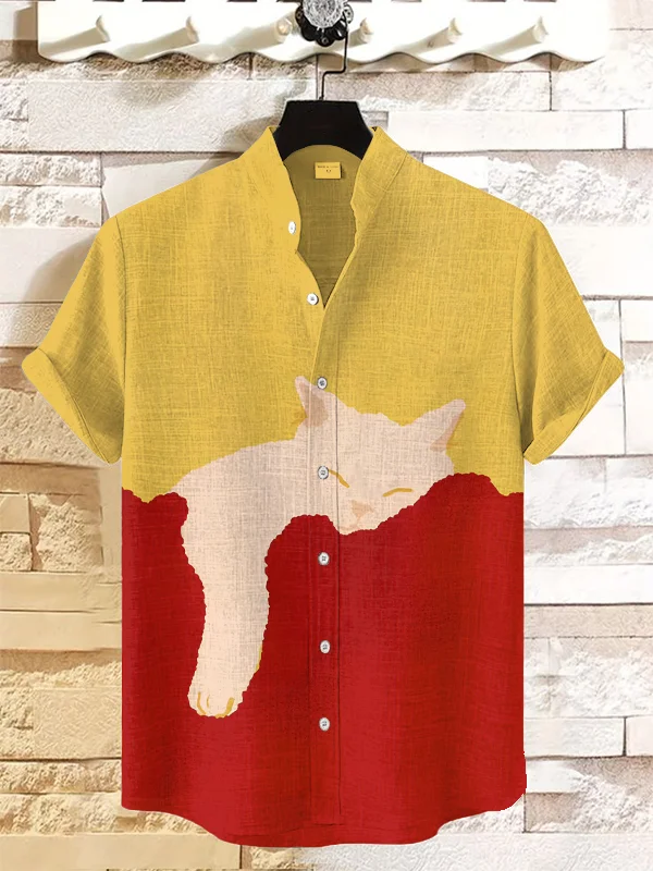 Men's Sleeping Cat Color Block Art Print Shirt