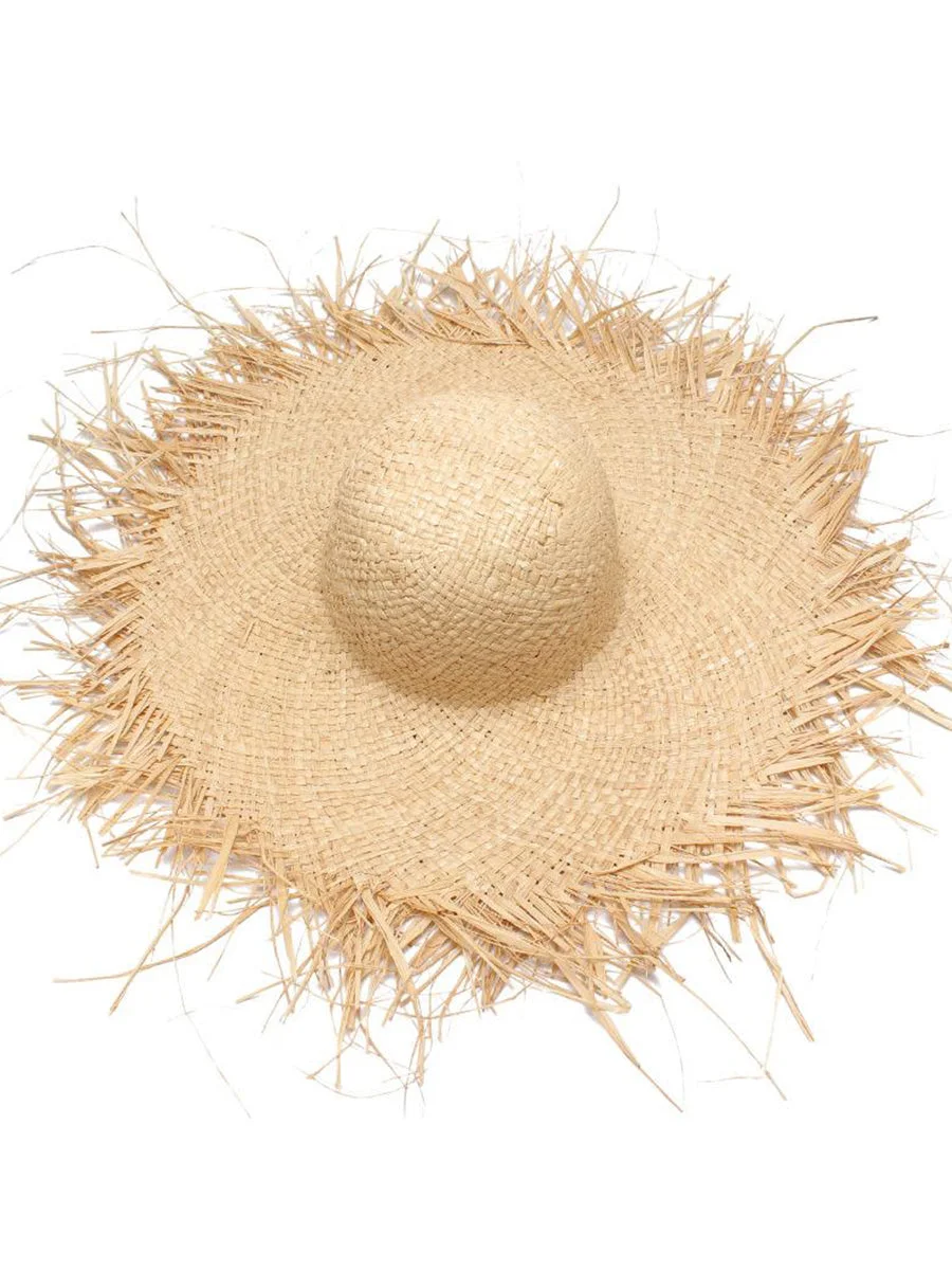 Women Fashion Large Brim Straw Hat Irregular Fringed Beach Hat