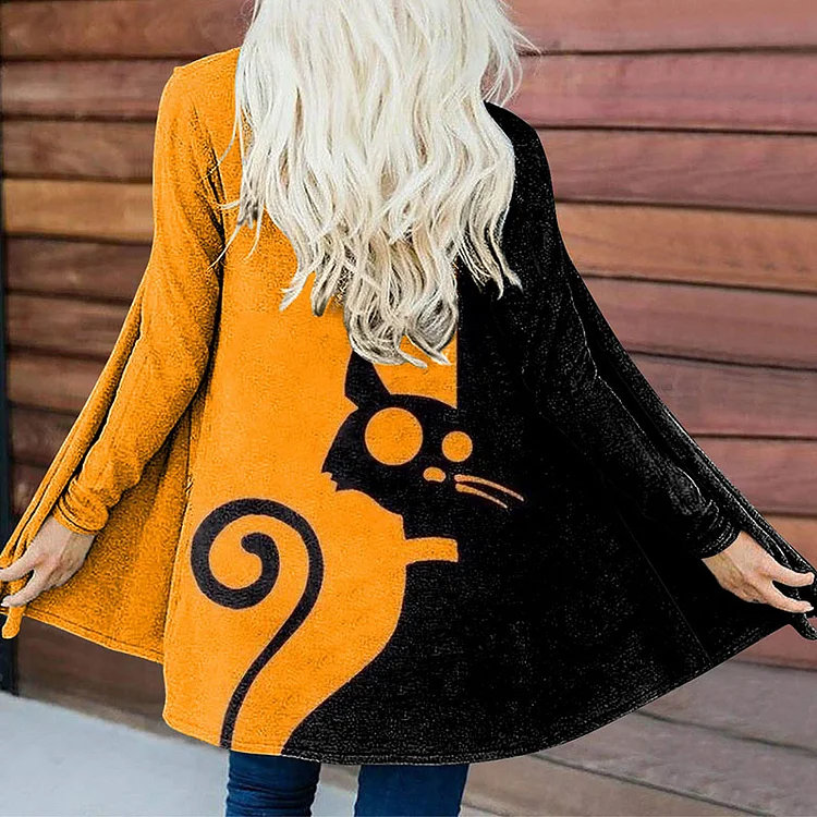 Vefave Colorblock Cat Print Long-Sleeve Cardigan