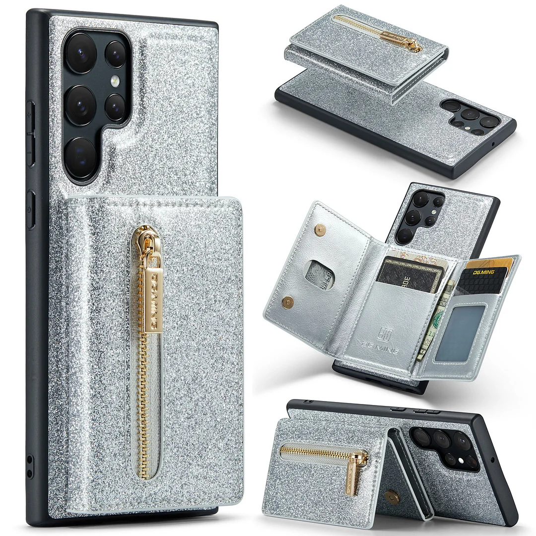 Glitter Detachable Magnetic Wallet Leather Phone Case With Cards Slot,Zipper Slot And Phone Stand For Galaxy S22/S22+/S22 Ultra/S23/S23+/S23 Ultra