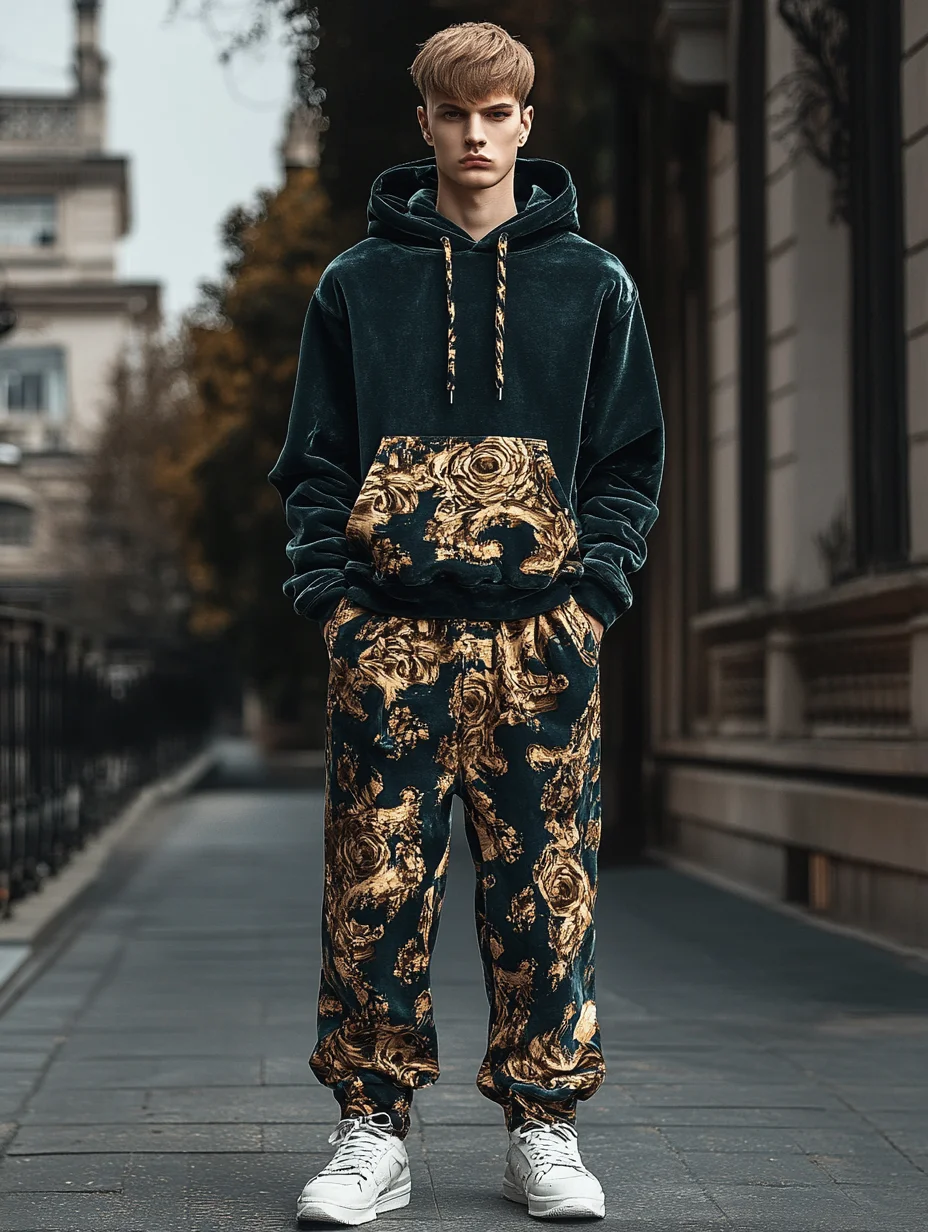 Velvet Court Baroque Print Hoodie Set-inspireuse