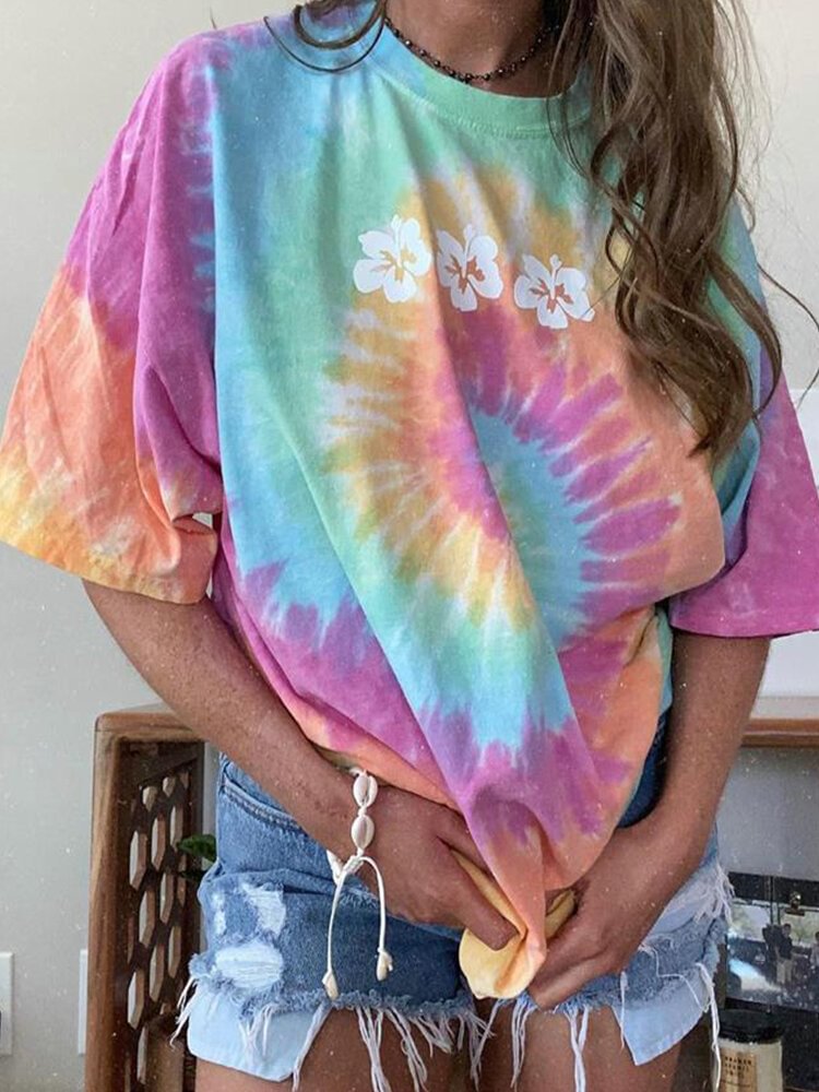 Floral Tie Dye Printed O Neck Short Sleeve Loose T shirt P1710796