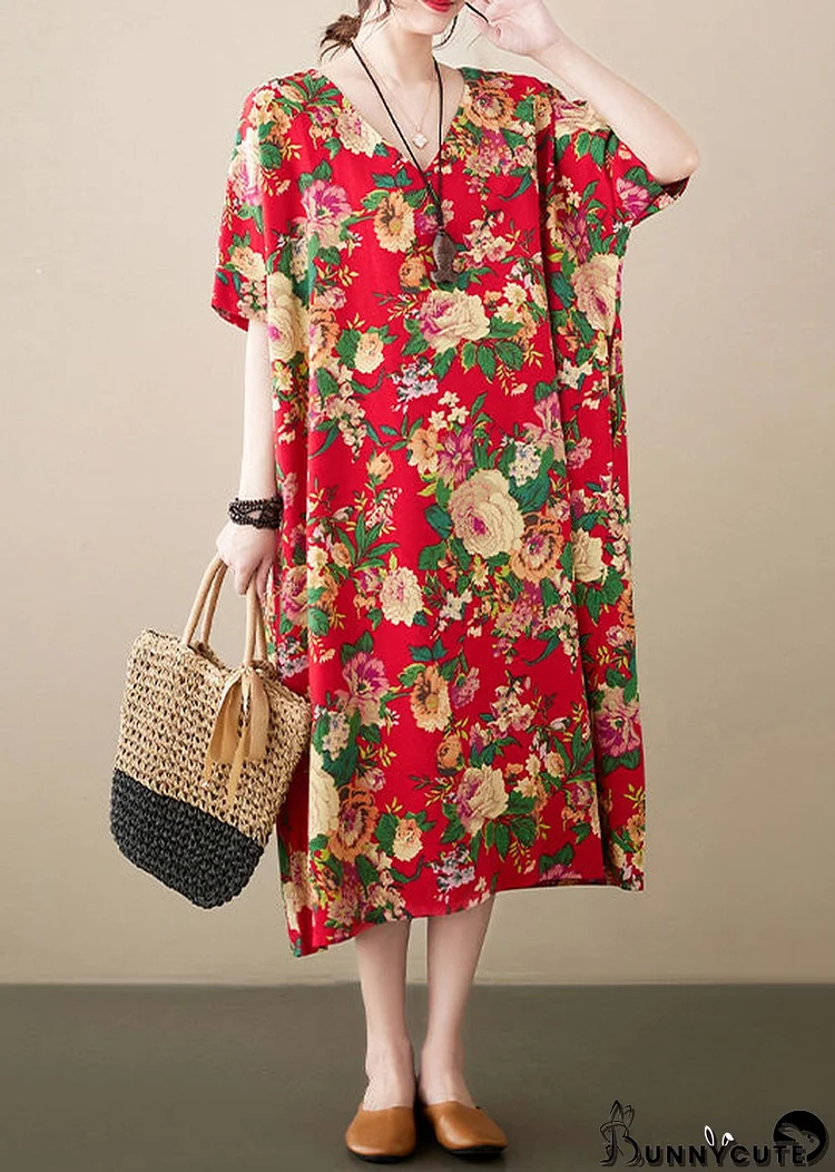 Loose Red Oversized Print Cotton Maxi Dresses Summer