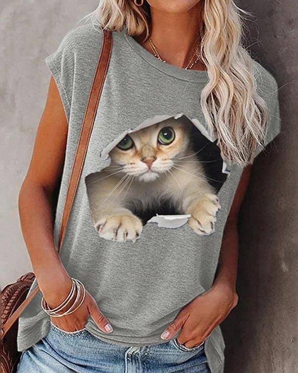 Gray Cat Printed Casual Short Sleeve Shift Shirts & Tops - Chicaggo
