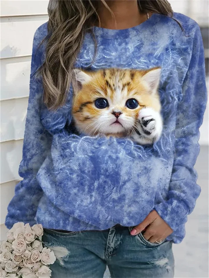 Ladies 3d Printed Cat Cartoon New Women's Round Neck Plus Size Sweatshirt