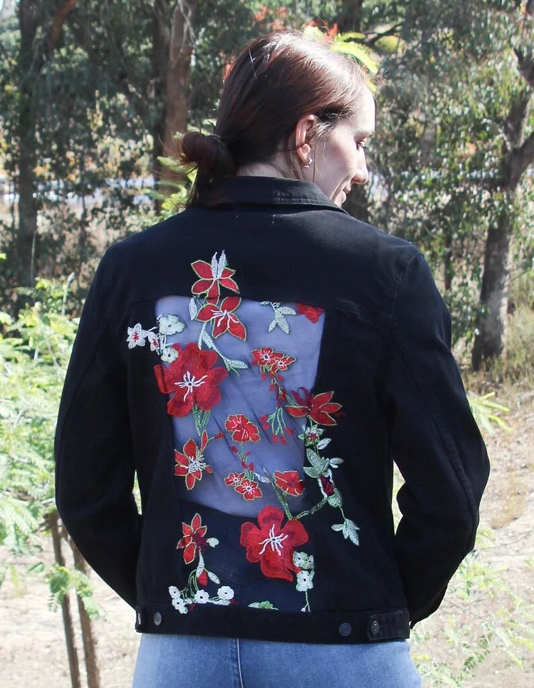 M black denim jacket with beautiful red flowered lace
