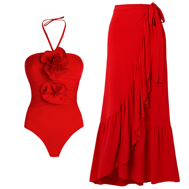 Detachable 3D Flower Red One Piece Swimsuit and Skirt Flaxmaker