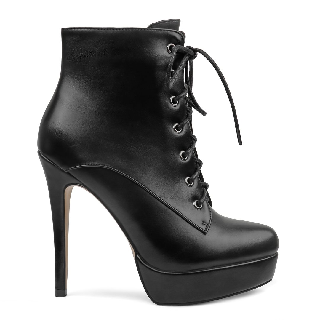 130mm Women's Platform Chunky Heeled Buckle Knight Punk Boots Lace Up Round Toe Ankle Booties-MERUMOTE