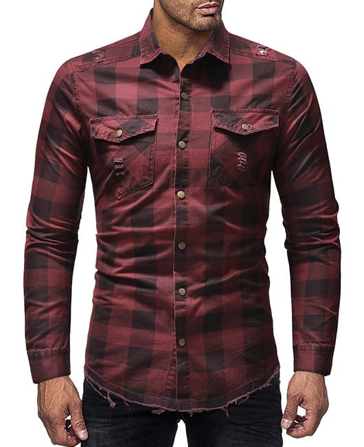 Basic Plain Plaid Print Lapel Collar Long Sleeve Slim Fit Shirt
