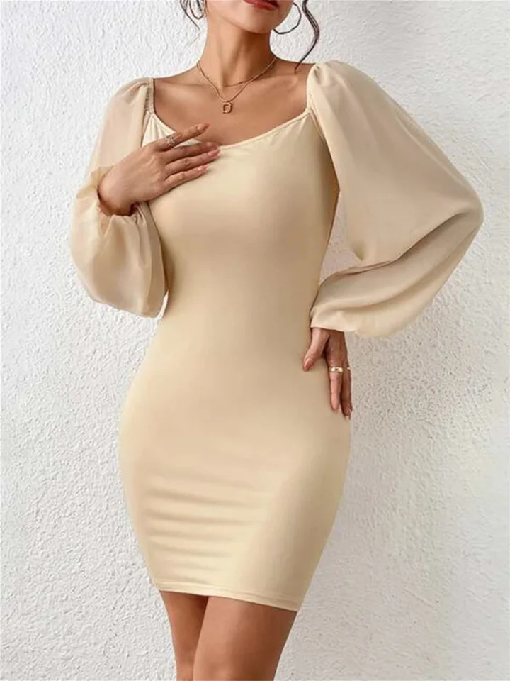 New Solid Color Women's Bubble Sleeve Square Neck Bow Tie Backless Pleated Decorated Tight Package Hip Dress Dress-JRSEE