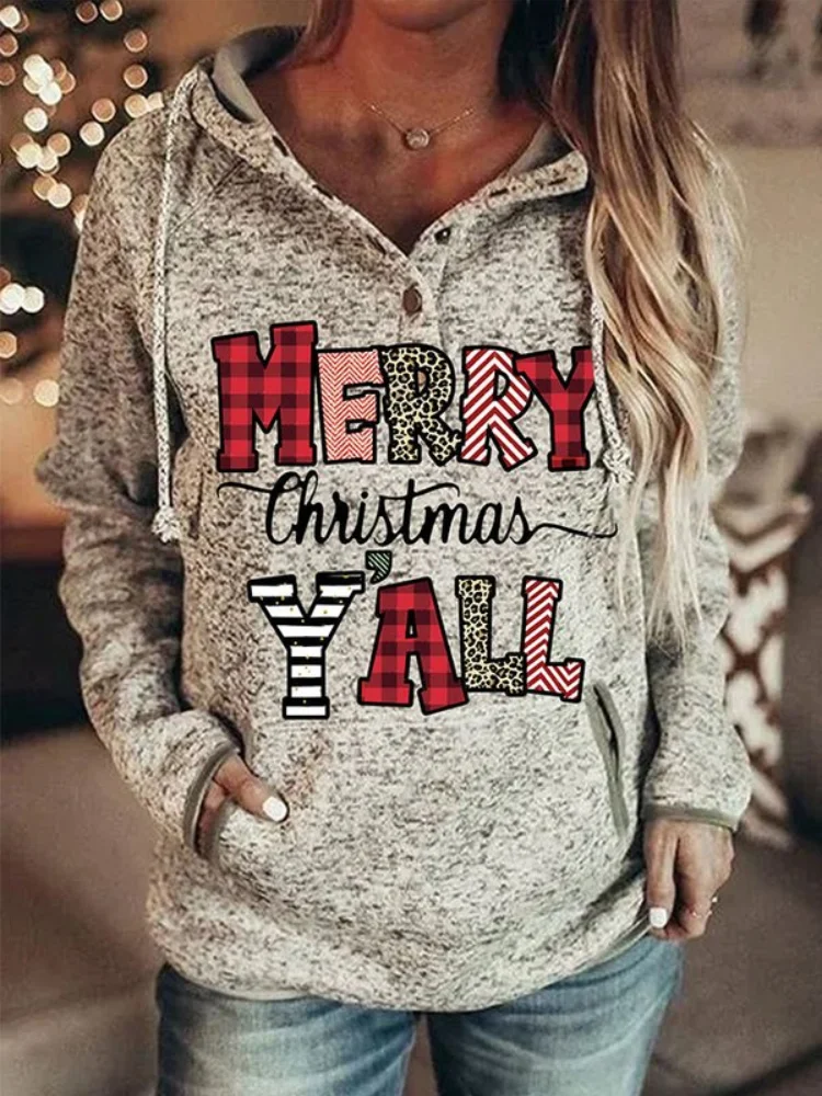 Vefave Merry Christmas Y'all Print Long Sleeve Hoodie