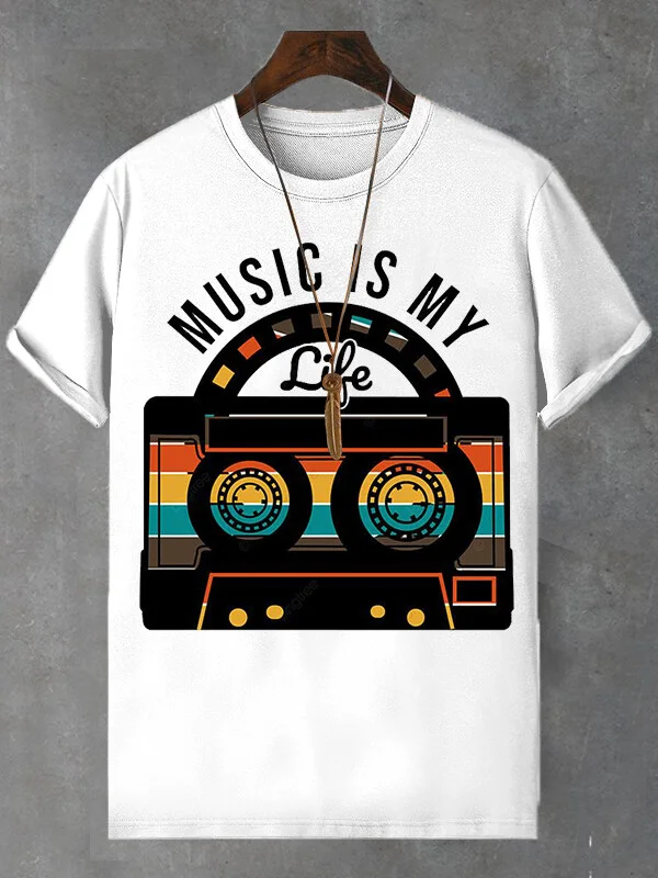 Men's Music Is My Life Print Cotton Casual T-Shirt
