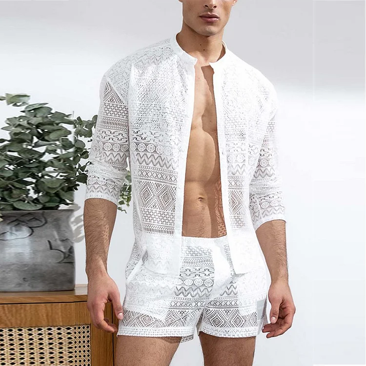 Men's Hollow Out Lace Long Sleeve Split Shirt & Shorts 2Pcs Set
