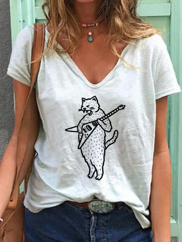 Women's Casual Cat Playing V Shape Guitar Print V Neck T-Shirt