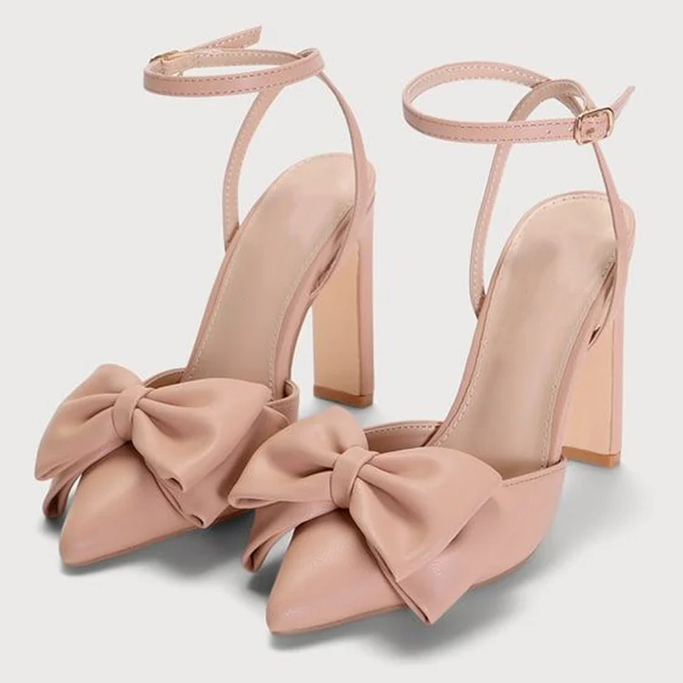 Classic Nude Pointed Toe Ankle Strap Block Heel Pumps with Bow |FSJ Shoes