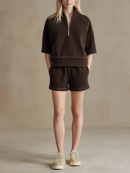 Women’s Coffee Brown Half Zip Stand Collar Elbow Sleeve Sweatshirt & Drawstring Pocket Shorts Two-Piece Tracksuit Set