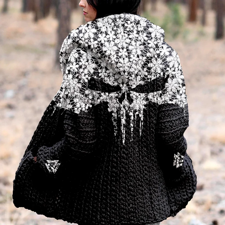 Vintage Viking Skull Lace Art Hooded Cardigan Sweater