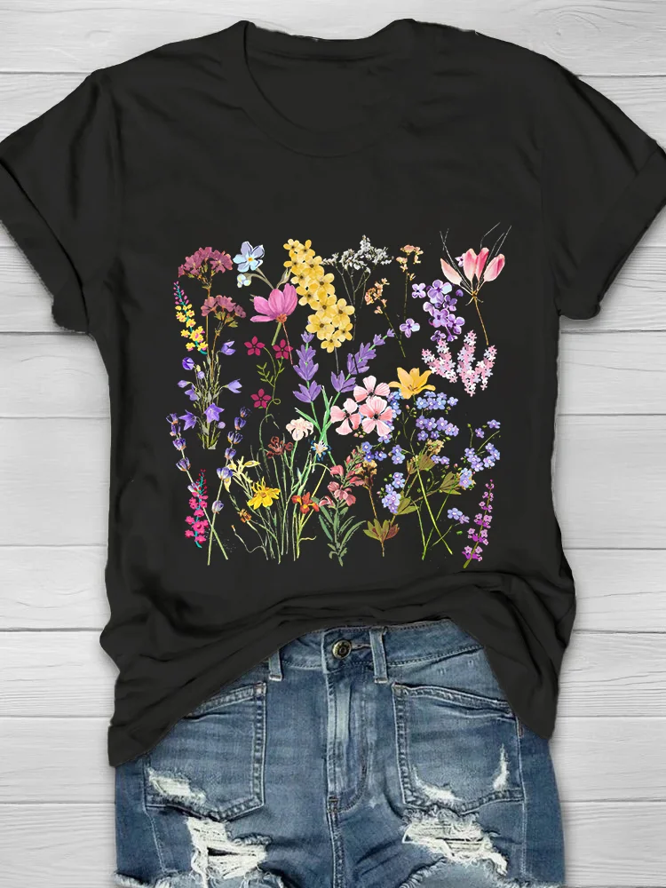 Aesthetic Wild Flower Printed Crew Neck Women's T-shirt