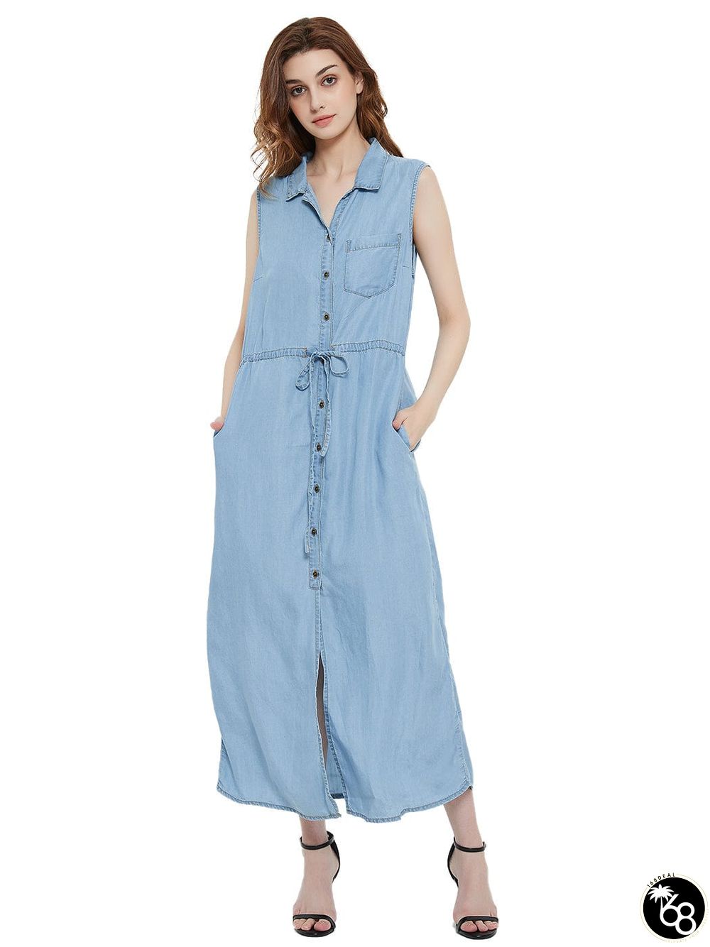 Adjustable Belt Sleeveless Button Down Denim Pocket Shirt Dress | 168DEAL