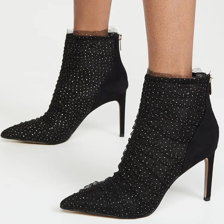 Black Mesh Ruched Pointed Toe Stiletto Heel Ankle Boots for Women |FSJ Shoes