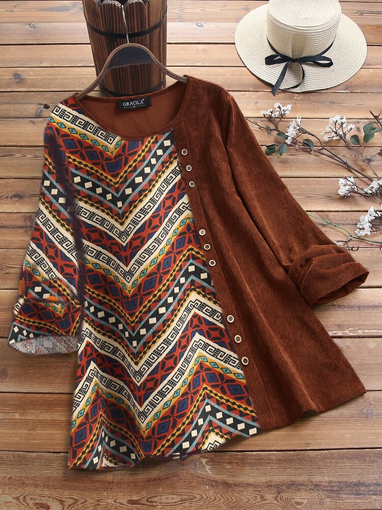 Ethnic Print Corduroy Patchwork Long Sleeve Vintage Blouse P1583992
