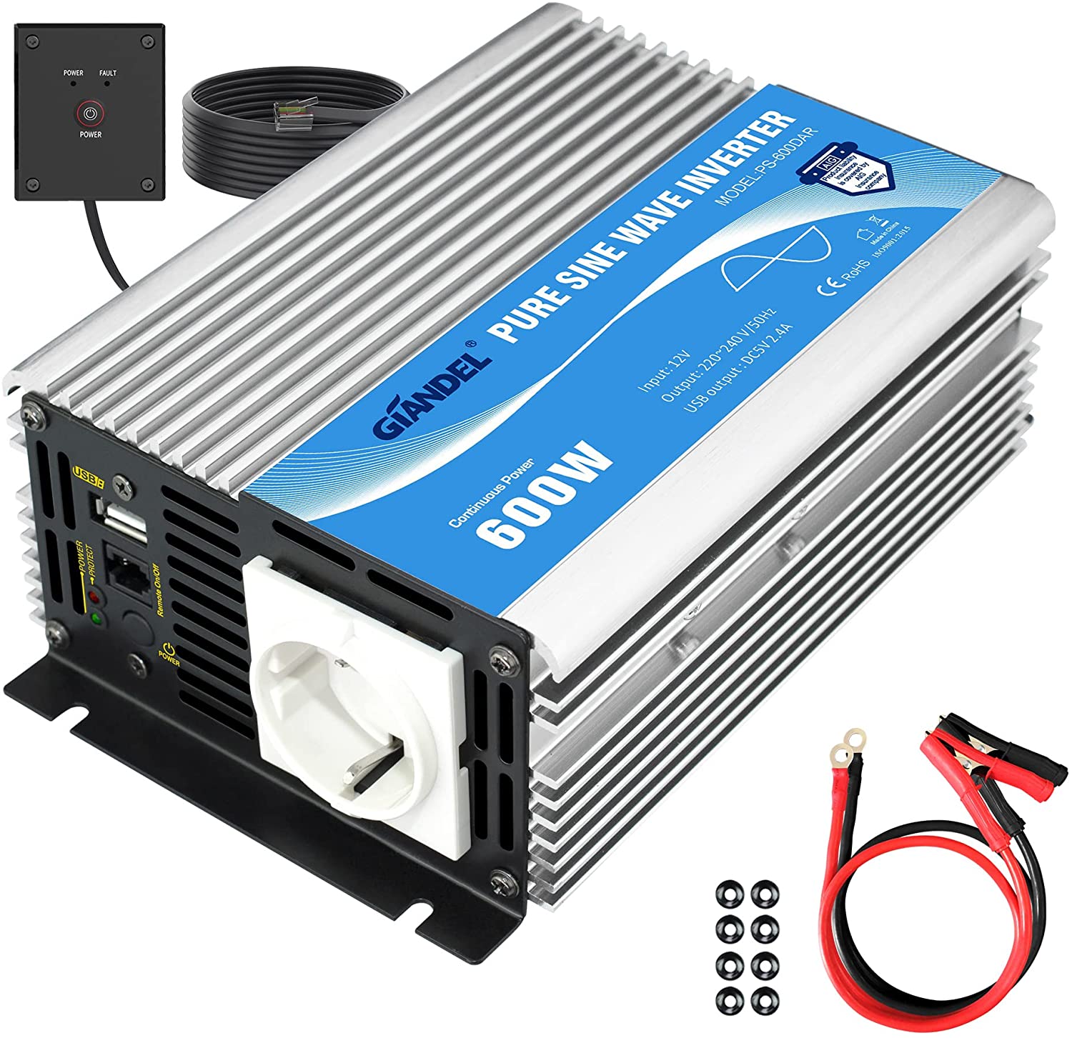 600W Wechselrichter 12v auf 230v Reiner Sinus Spannungswandler Power Solar  Inverter Umwandler Stromwandler mit EU-Steckdose LCD Digital Anzeig