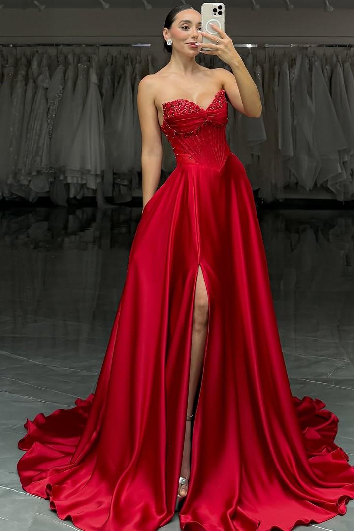 Lussooy Glamorous Satin Red Sweetheart Sleeveless Beaded Prom Dress with Split