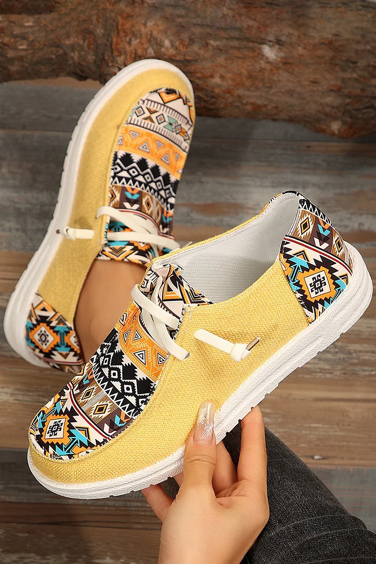 Tribal Print Round Toe Patchwork Lace Up Canvas Sneakers