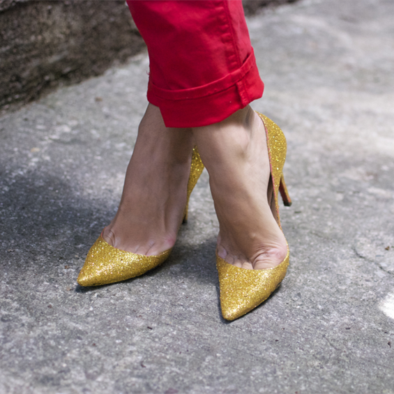 Gold Sparkly Heels Glitter Pointy Toe Stiletto Heels Pumps |FSJ Shoes