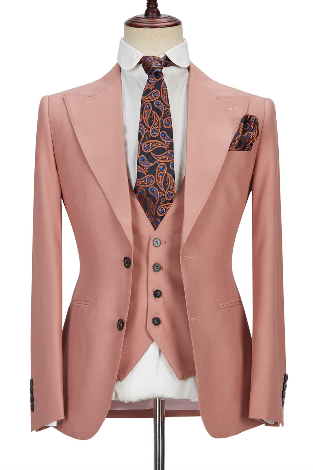 Bellasprom Three Piece Coral Pink Two Buttons Peak Lapel Mens Suit Online Bellasprom
