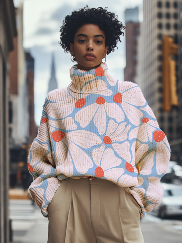 Women's Abstract Floral Art Print High Neck Knit Sweatshirt