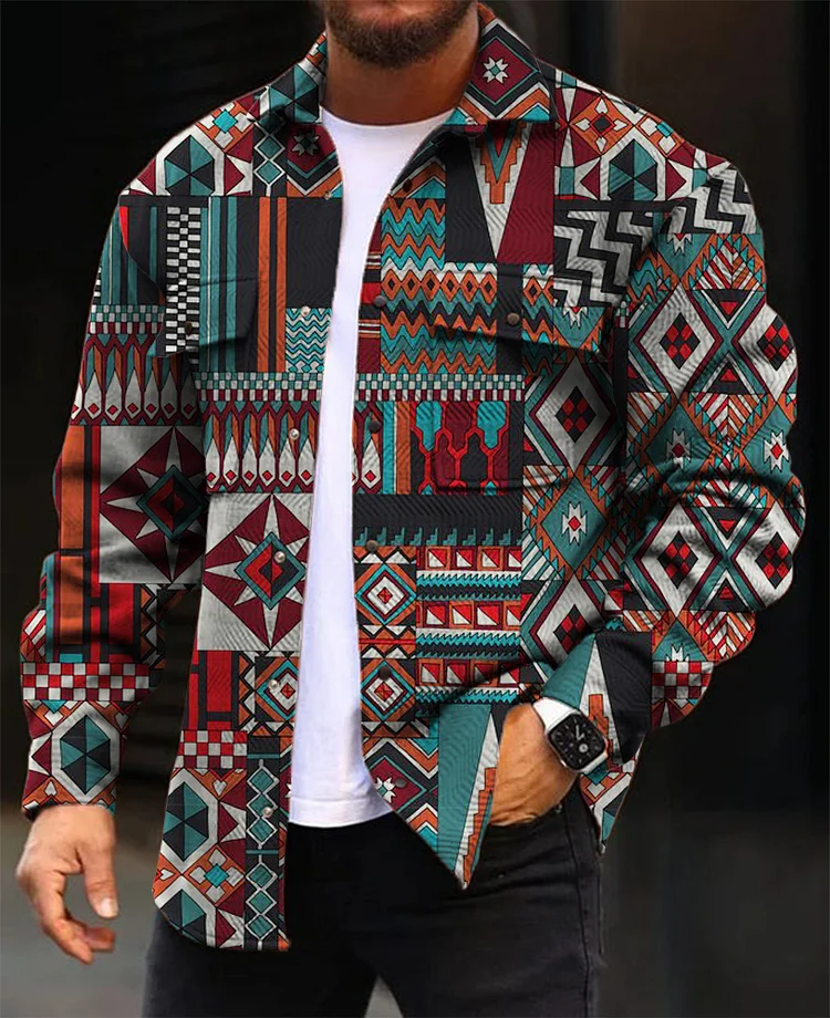 Fashion Simple Geometric Print Men's Woolen Jacket