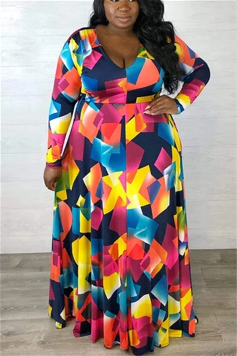 Plus Size Multicolor Print Temperament Dress