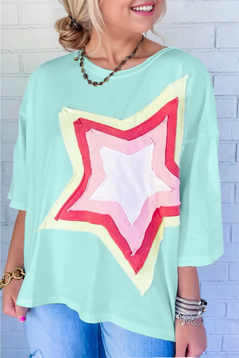 Moonlight Jade Colorblock Star Patched Half Sleeve Oversized Tee main image 0