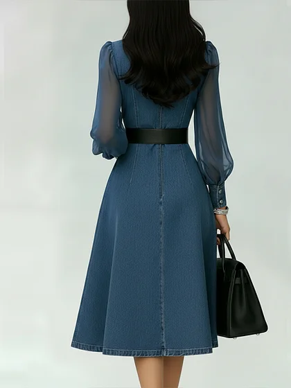 Stylish Denim Dress With Organza Sleeve Panels.