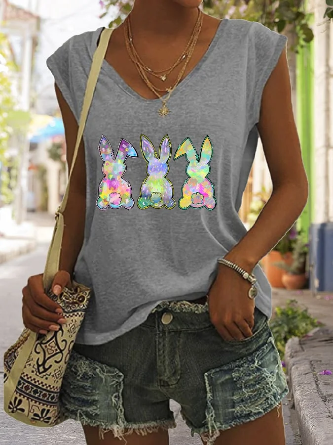 Women's Easter Bunny Print Sleeveless T-Shirt socialshop